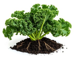 Close up of a green plant with visible roots in dark soil isolated on a white background