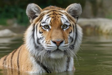 Fototapeta premium Tiger Swimming in Water Closeup Portrait Calm Wildlife