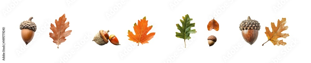 Poster set of colorful autumnal design with acorns and leaves. isolated on transparent background