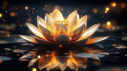 Glowing golden lotus flower floating peacefully on water surface surrounded by soft warm lights and gentle reflections creating a tranquil atmosphere