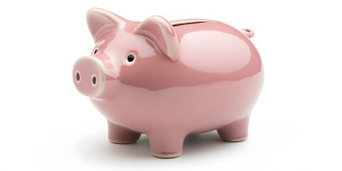 Obraz premium Pink ceramic piggy bank against a white background.