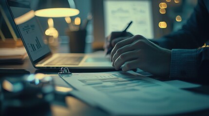 Late Night Business Analysis: A Close-up of Hands Reviewing Financial Data on Laptop and Documents