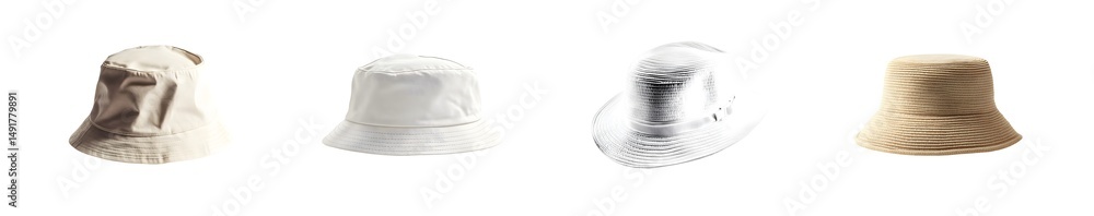 Poster multiple light-colored bucket hats displayed. isolated on transparent background