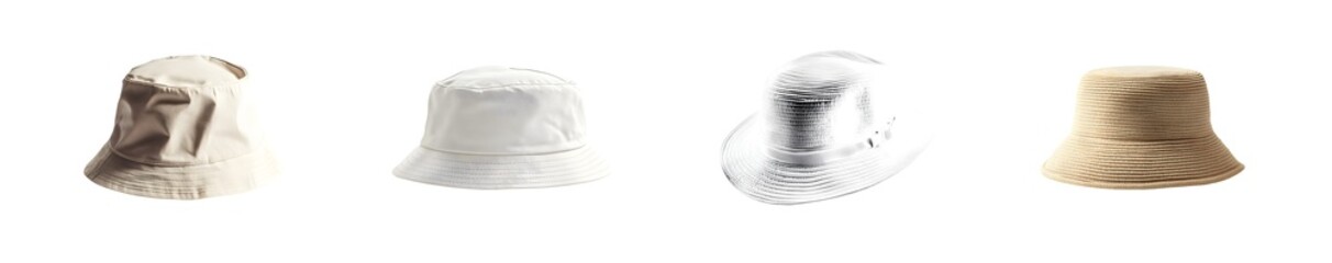 Multiple light-colored bucket hats displayed. isolated on transparent background