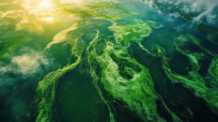 Fototapeta premium Emerald expanse: aerial view of lush green algae blooms in dark water