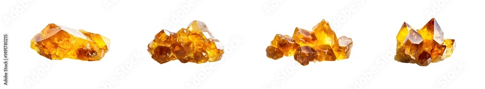 Poster set of cluster of golden crystals displayed in horizontal arrangement. isolated on transparent backg