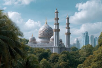 Obraz premium Mosque and Minarets Seen Through Trees Under Cloudy Sky