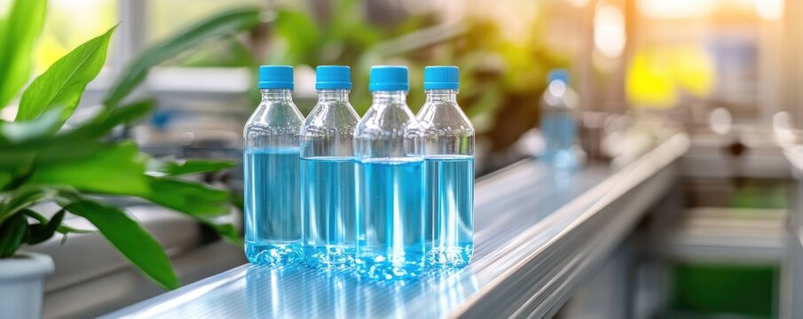 Plastic water bottles on automated production line conveyor belt