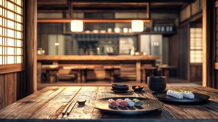 Serene Sushi Restaurant: Wooden Table, Delicious Sushi, and a Traditional Japanese Ambiance