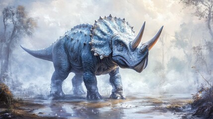 Fototapeta premium Majestic Triceratops in Misty Prehistoric Landscape