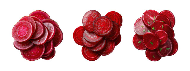 Fresh raw beetroot slices isolated on png background, vibrant red vegetable top view set