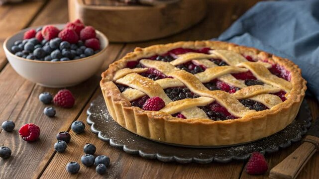 A lattice berry pie with blueberries and raspberries on a rustic wooden surface with a bowl of berries