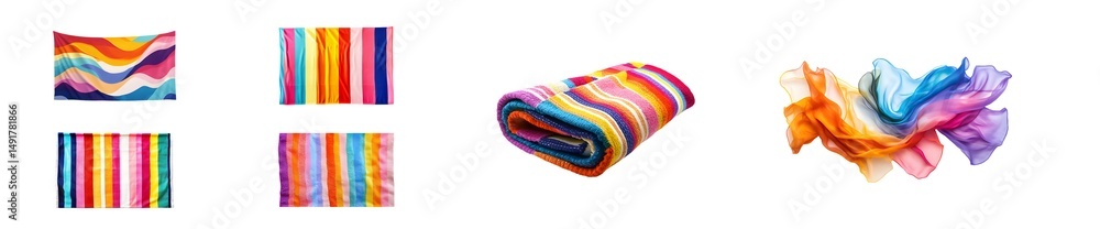 Poster set of colorful rolled fabric swatches displayed in a row. isolated on transparent background