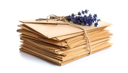 Stack of brown envelopes tied with string and adorned with purple flowers isolated on a white background