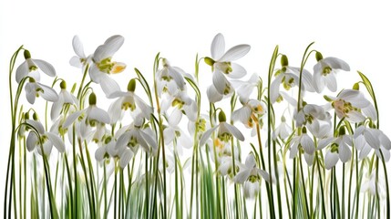 Spring snowdrops, delicate white flowers, fresh green stalks, isolated on white background