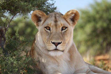 Lion Resting Under Tree in African Savanna Wildlife Portrait