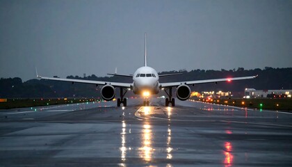 Airplane Taxiing on Runway at Dusk
