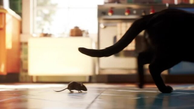 Short video of a cat and mouse walking around the house 