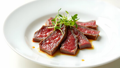 Sliced Meat Dish with Garnish on White Plate Close-up