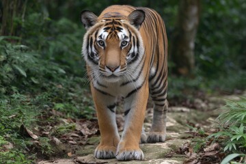 Obraz premium Tiger Walking Forward in Lush Green Forest, Front View