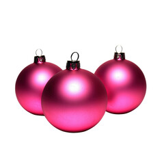 Obraz premium Three shiny pink Christmas ornaments with metallic caps and loops on a white background perfect for holiday decoration, festive craft, and seasonal design
