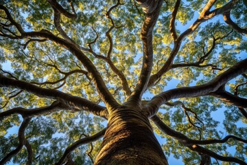 Low-angle view of a large tree with thick, spreading branches and vibrant green leaves against a clear blue sky, sunlight filtering through the canopy