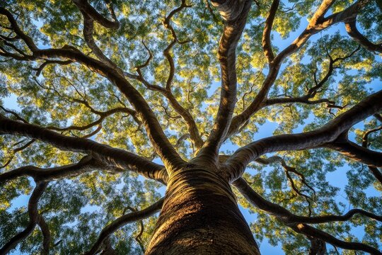 Low-angle view of a large tree with thick, spreading branches and vibrant green leaves against a clear blue sky, sunlight filtering through the canopy