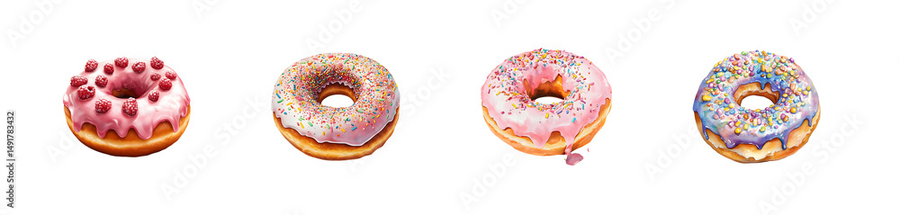 Poster set of colorful glazed donuts with sprinkles in various colors. isolated on transparent background