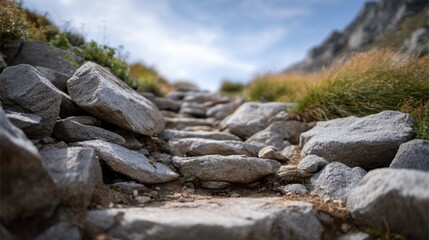 Rocky path leads through lush green hills under blue sky on a sunny day