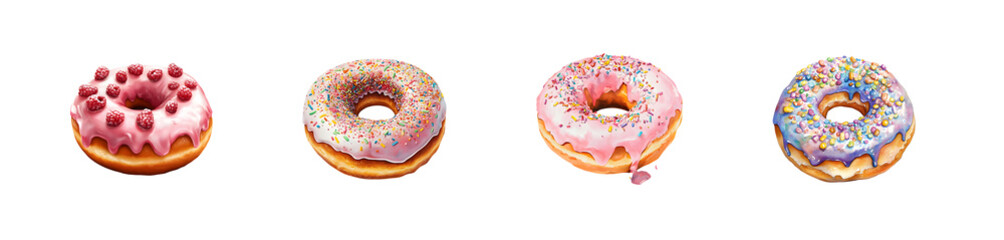 Set of Colorful glazed donuts with sprinkles in various colors. isolated on transparent background