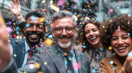 A joyful group of people smiling and celebrating together as colorful confetti falls around them.