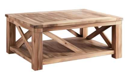 An elegant square wooden coffee table with a rustic design stands on a white background in the studio setting.