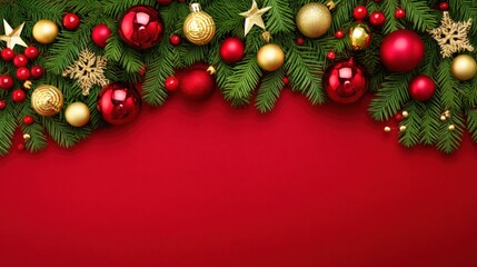 Festive Christmas decorations on a vibrant red background, perfect for holiday-themed designs.