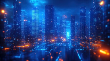 Obraz premium A neon-lit futuristic city at night, full of towering skyscrapers and modern architecture.