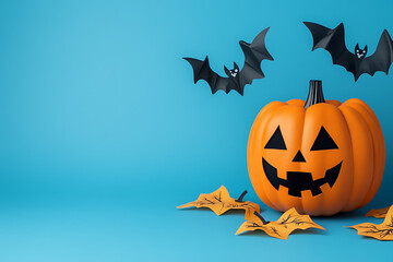 Naklejka premium A cheerful Halloween pumpkin with a carved face, surrounded by autumn leaves and flying bats