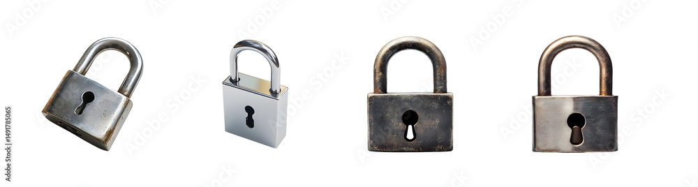 Poster set of different metal padlocks displayed in a horizontal row. isolated on transparent background