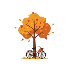 Autumn Scene With Orange Bicycle And Maple Tree