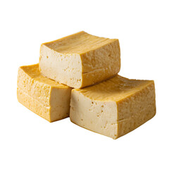 wo realistic yellow-skinned tofu blocks with soft white interior, nutritious vegan protein food with natural texture Isolated on white and transparent background