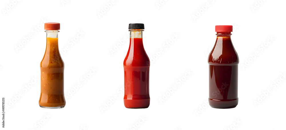 Poster set of assorted bottles of condiments displayed in a row. isolated on transparent background