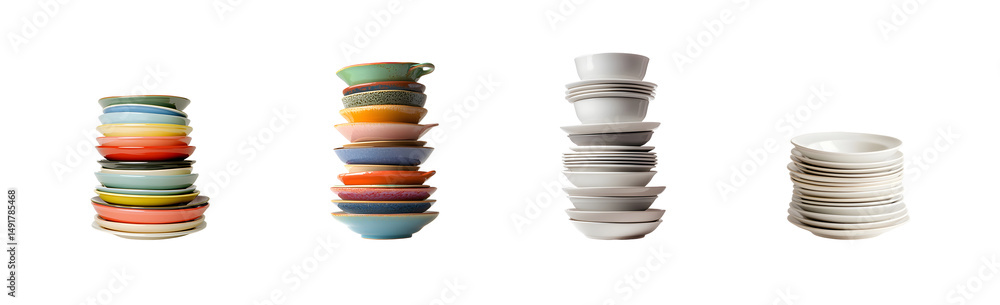 Poster set of colorful stacked dishes in various tones isolated on transparent background