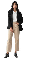 Photorealistic full-body portrait of a professional South Asian woman in early 20s, slim build, focused look, wearing black business casual jacket with beige chinos and white tee,