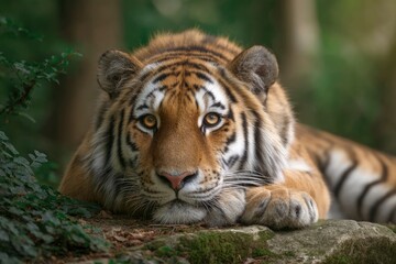 Tiger Resting on Rock Close Up in Forest