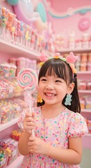 Sweet candy shop girl lollipop smiling happy pink treats adorable child dessert confectionery joy fun