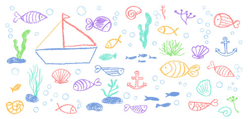 Set of kid doodle fish, seaweed, and bubbles. Colorful pastel wax texture on a white chalkboard background. Cute squiggle art style, like charcoal or crayon, showing an underwater school scene. Vector