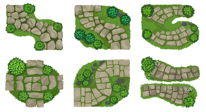 Garden stone path and walkway vector top views