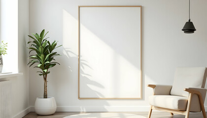 Interior Room with Blank Frame, Plant, and Armchair in Light