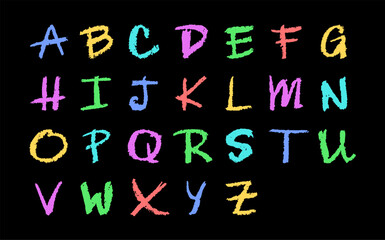 English alphabet hand-drawn in a crayon. Capital colorful letters in chalk, pastel, or wax style. Highlighter effect on white board for kindergarten drawing and learning. Cartoon vector illustration.