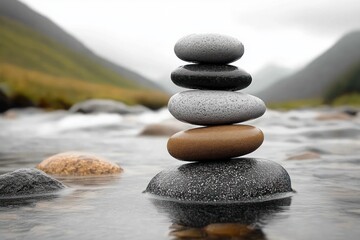 Stack of smooth stones balanced on each other in shallow flowing water with blurred mountains and green hills in the background evoking calm and balance