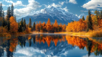 Autumn Reflections: Snow-Capped Mountains Reflected in Serene Lake Scenery