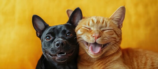 Close-up of a happy black dog and a joyful orange tabby cat sitting closely together against a bright yellow background